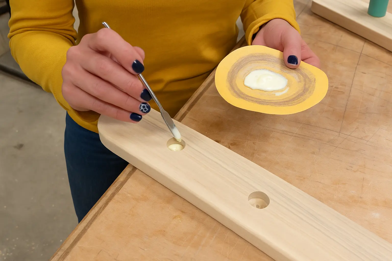 Applying wood glue to drilled holes
